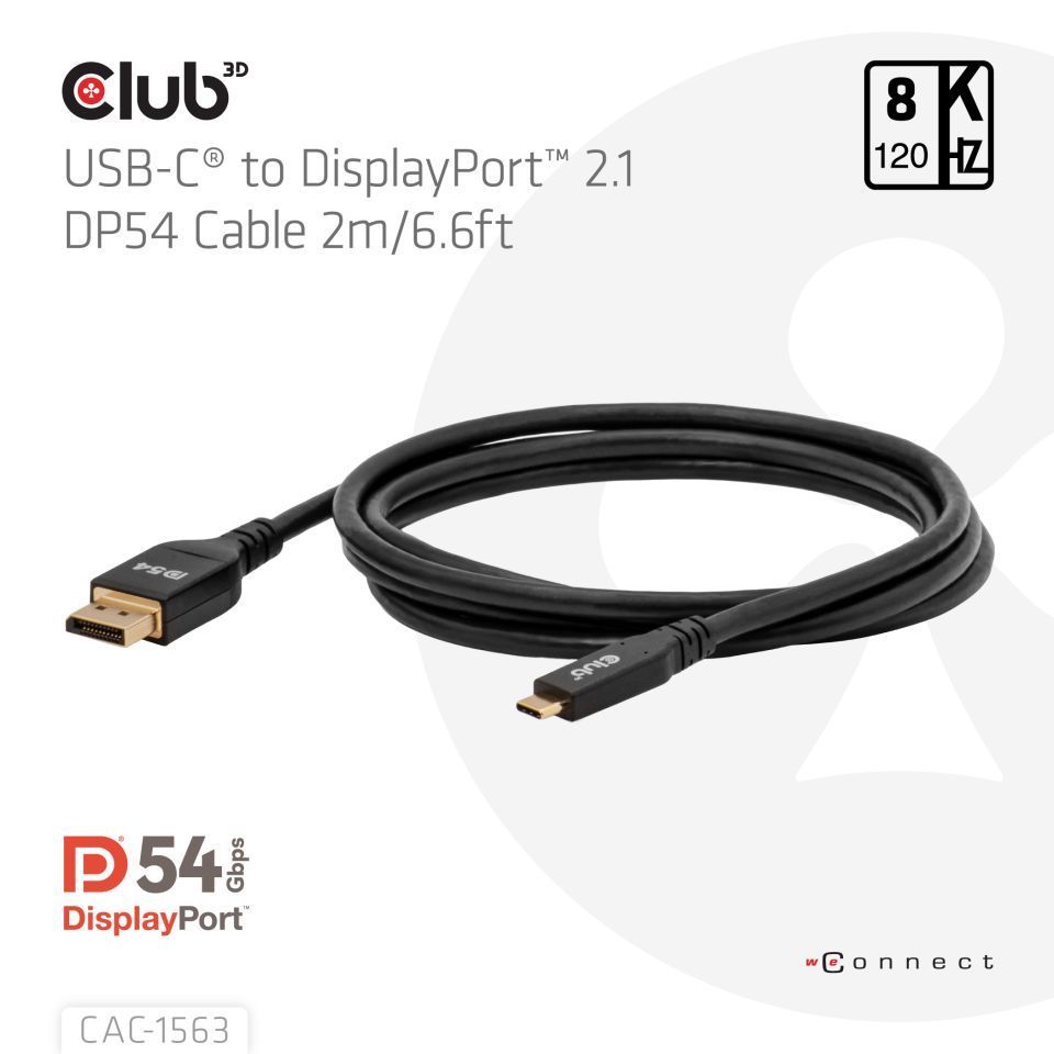 Club3D CAC-1563 USB-C to DisplayPort 2.1 DP54 Bi-Directional Cable 8K120Hz 2m Black