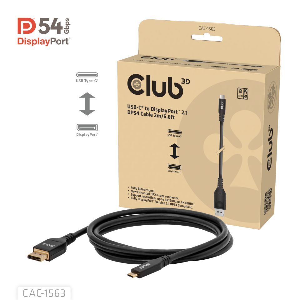 Club3D CAC-1563 USB-C to DisplayPort 2.1 DP54 Bi-Directional Cable 8K120Hz 2m Black