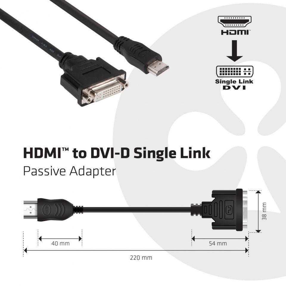 Club3D HDMI to DVI-D (Single Link) Passive Adapter 22cm Black Club3D HDMI to DVI-D (Single Link) Passive Adapter 22cm Black
