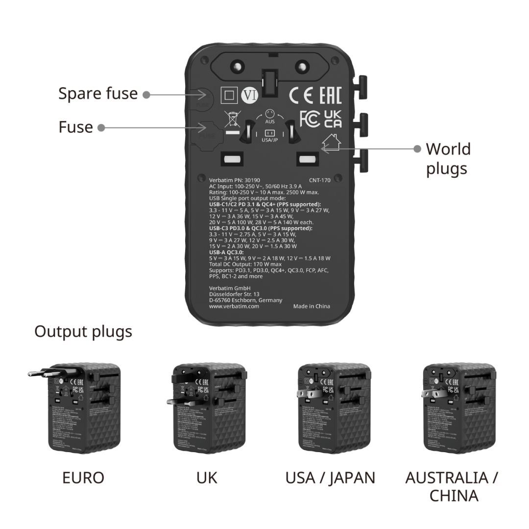Verbatim Charge 'n' Travel 170W GaN III Universal Travel Adapter Verbatim Charge 'n' Travel 170W GaN III Universal Travel Adapter