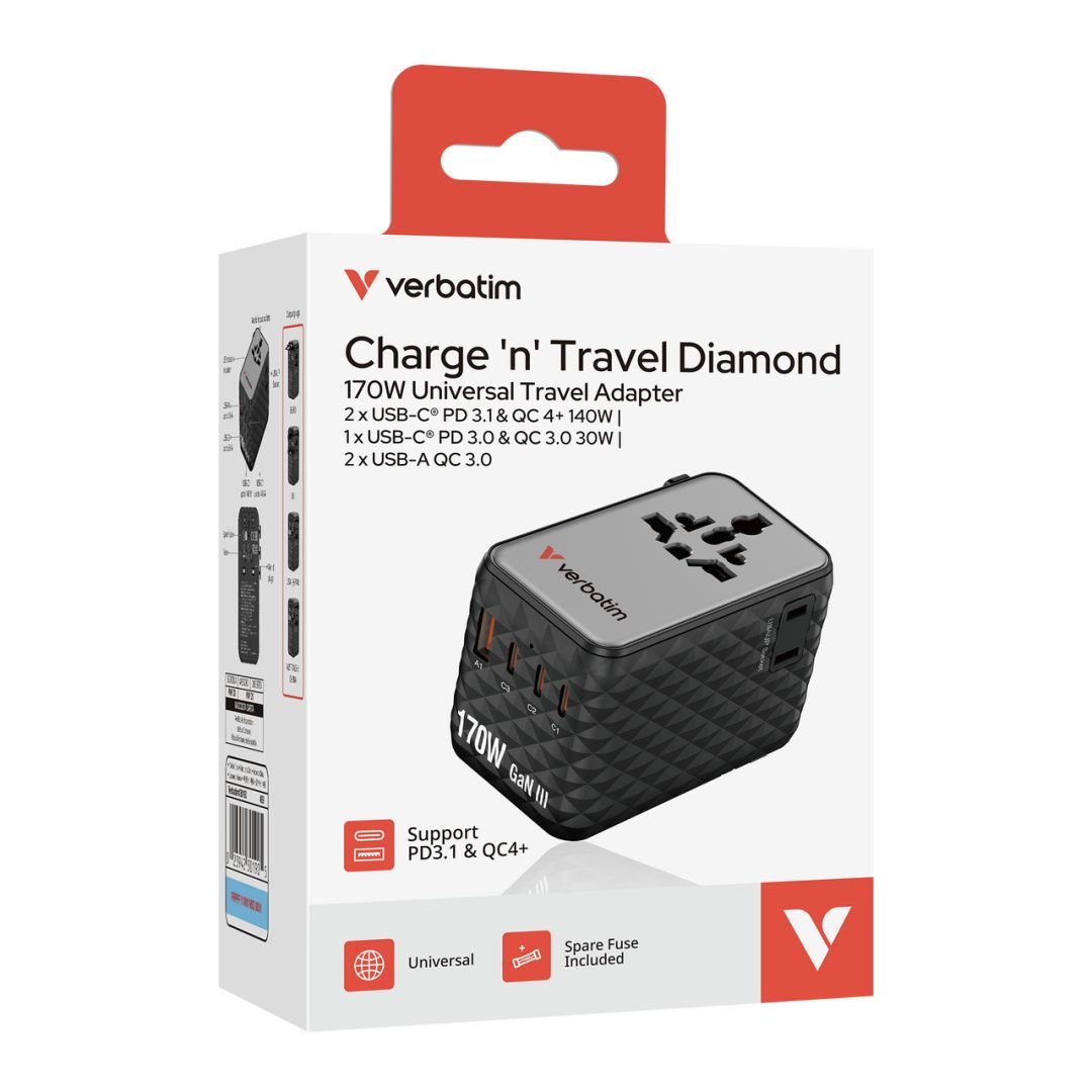 Verbatim Charge 'n' Travel 170W GaN III Universal Travel Adapter Verbatim Charge 'n' Travel 170W GaN III Universal Travel Adapter