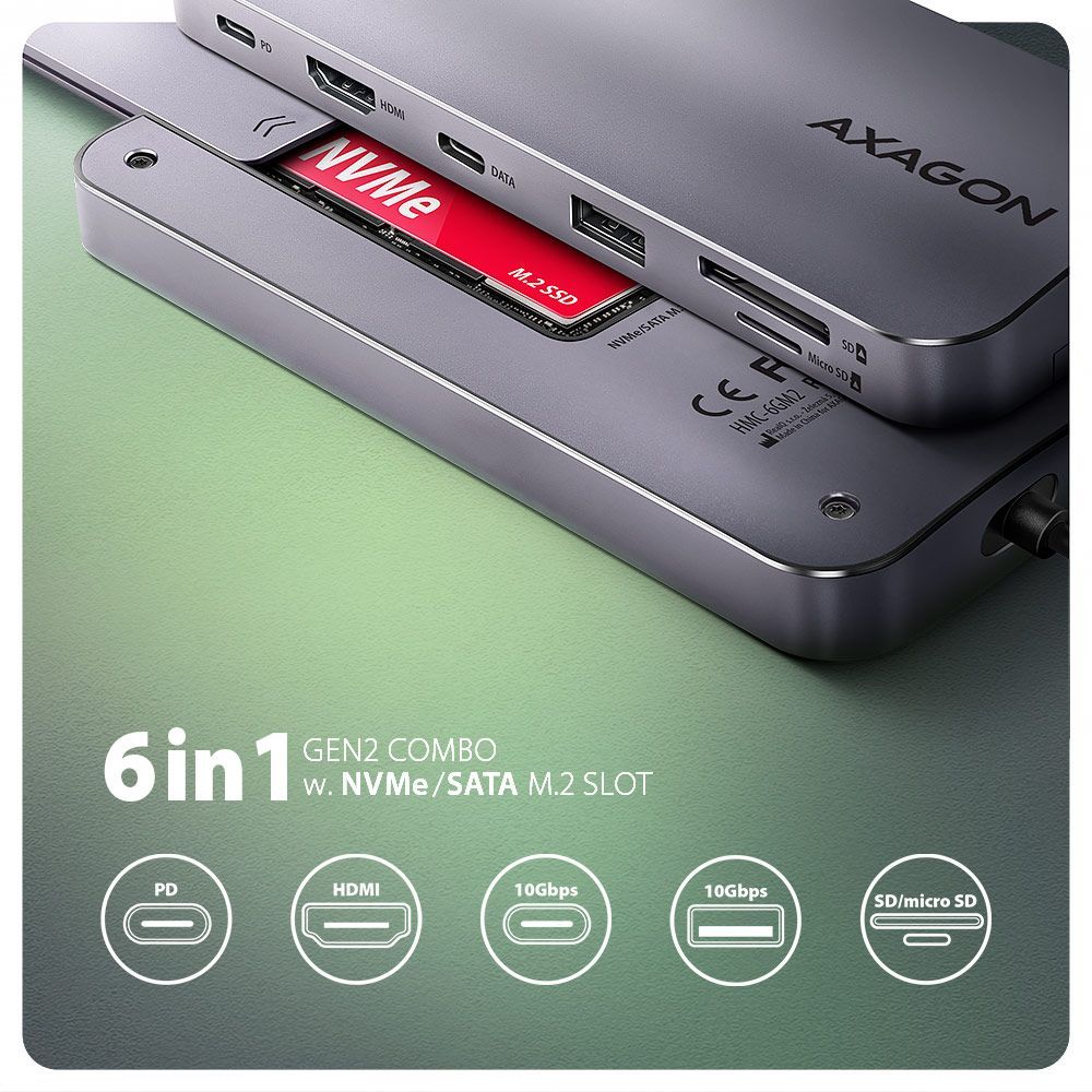 AXAGON HMC-6GM2 USB-C 10GBPS GEN2COMBO 6IN1 HUB AXAGON HMC-6GM2 USB-C 10GBPS GEN2COMBO 6IN1 HUB