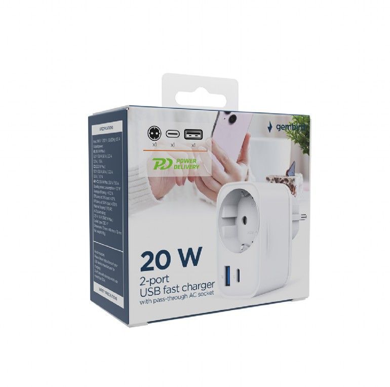 Gembird TA-ACPDQC20-01-W 2-port USB fast charger with pass-through AC socket 20W White Gembird TA-ACPDQC20-01-W 2-port USB fast charger with pass-through AC socket 20W White