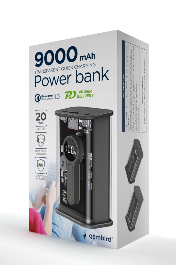 Gembird Transparent QC3.0 Quick Charging 9000mAh Powerbank Black Gembird Transparent QC3.0 Quick Charging 9000mAh Powerbank Black