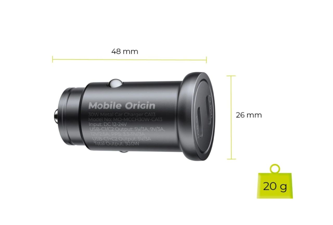 Mobile Origin Metal Car Charger 30W CA13, 2x USB-C Black Mobile Origin Metal Car Charger 30W CA13, 2x USB-C Black