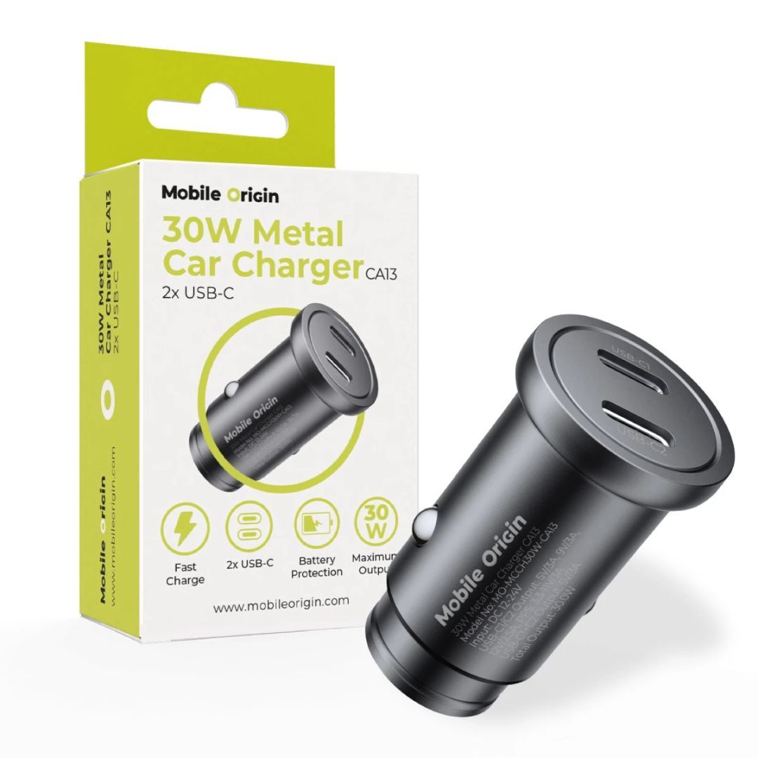 Mobile Origin Metal Car Charger 30W CA13, 2x USB-C Black Mobile Origin Metal Car Charger 30W CA13, 2x USB-C Black