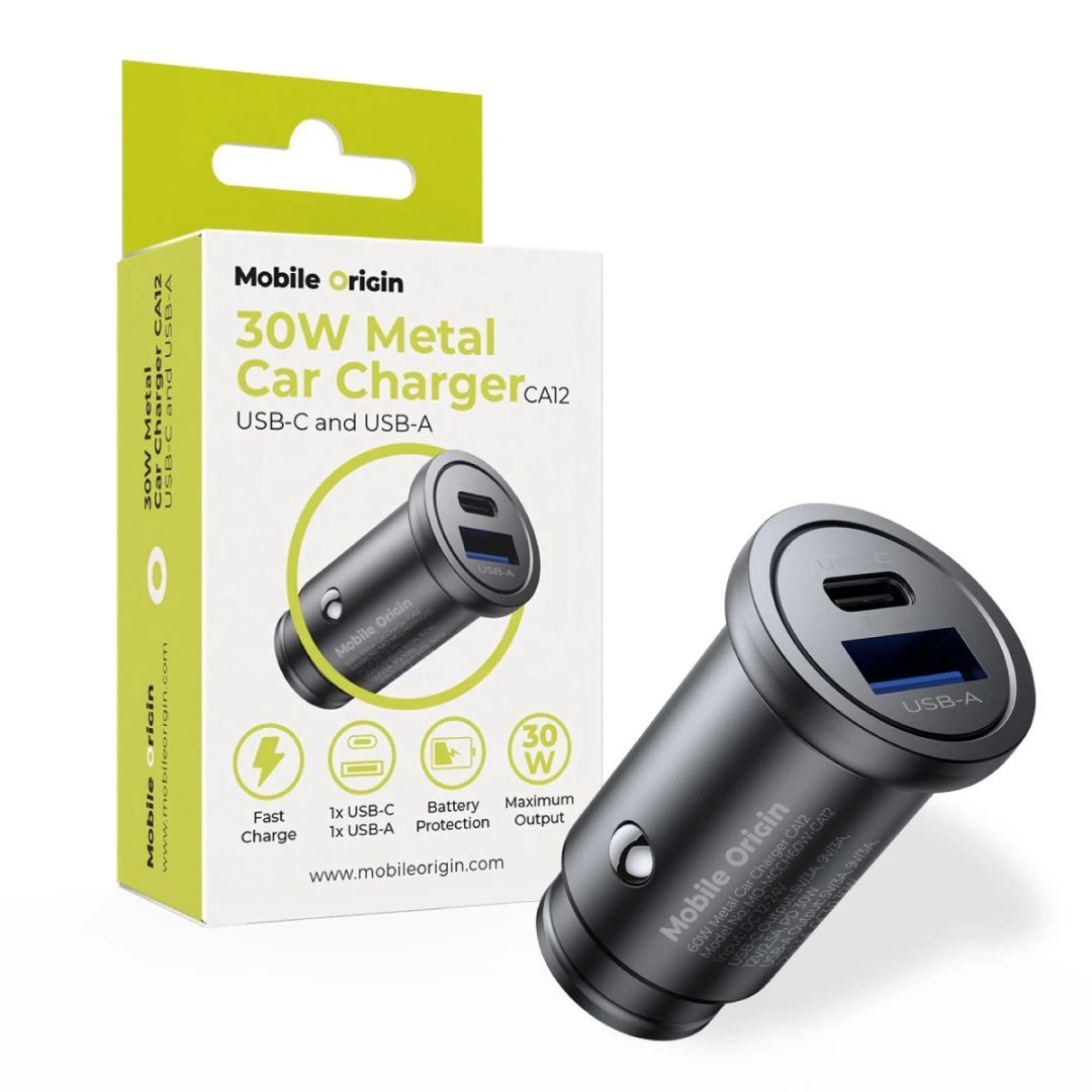 Mobile Origin Metal Car Charger 30W CA12 USB-C, USB-A Black