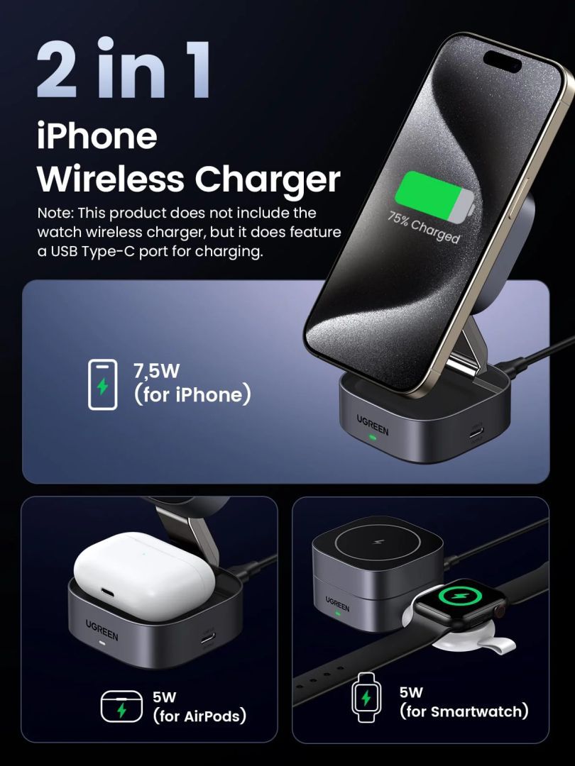 UGREEN Qi2 15W MagFlow 2-in-1 Wireless Charger Grey