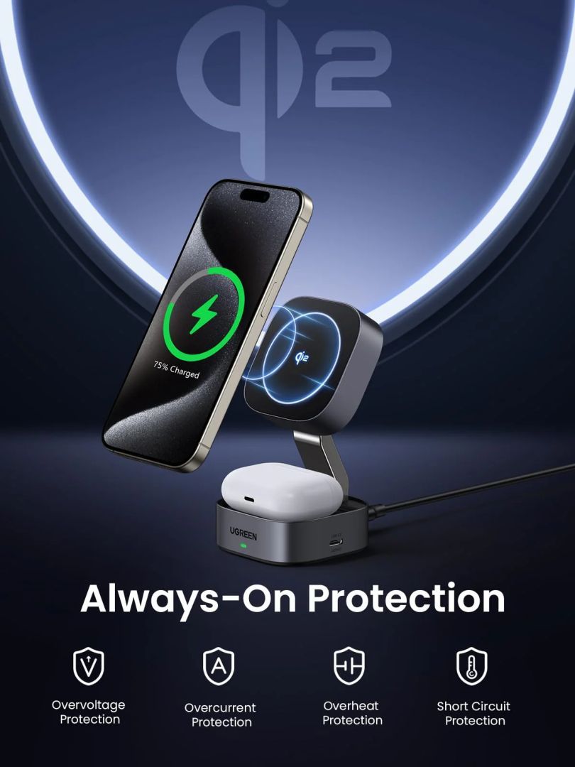 UGREEN Qi2 15W MagFlow 2-in-1 Wireless Charger Grey