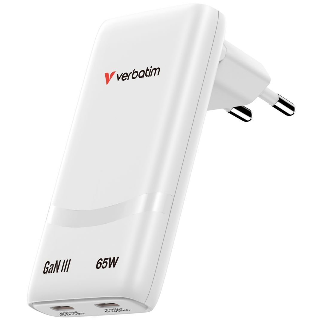 Verbatim Fold ''n'' Go GaN Charger 65W 2-Port EU Plug White Verbatim Fold ''n'' Go GaN Charger 65W 2-Port EU Plug White