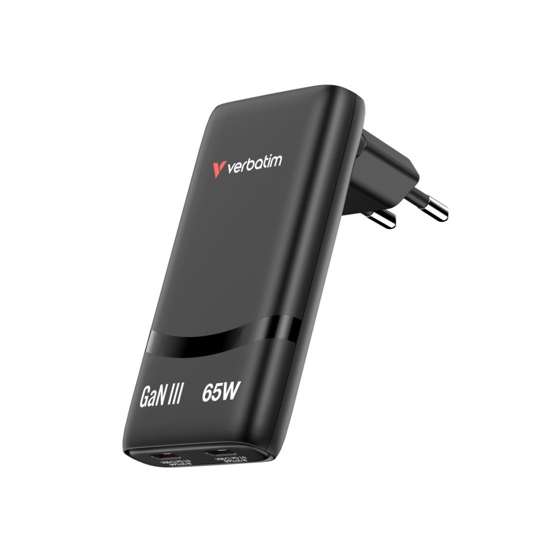 Verbatim Fold 'n' Go GaN Charger 65W 2-Port EU Plug Black Verbatim Fold 'n' Go GaN Charger 65W 2-Port EU Plug Black