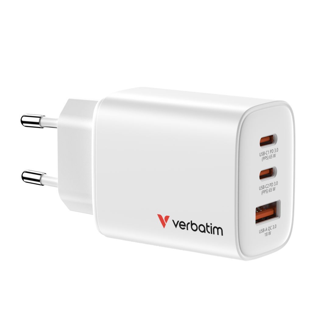 Verbatim Essentials GaN Wall Charger EU Plug 65W 3-Port White Verbatim Essentials GaN Wall Charger EU Plug 65W 3-Port White