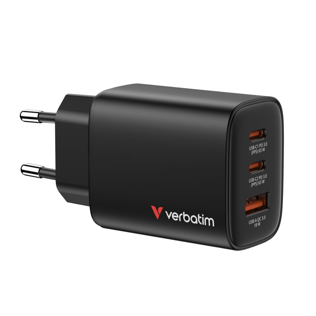 Verbatim Essentials GaN Wall Charger EU Plug 65W 3-Port Black Verbatim Essentials GaN Wall Charger EU Plug 65W 3-Port Black