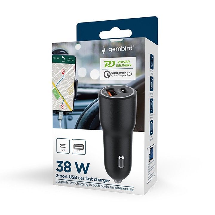 Gembird 2-Port USB Car Fast Charger Black Gembird 2-Port USB Car Fast Charger Black