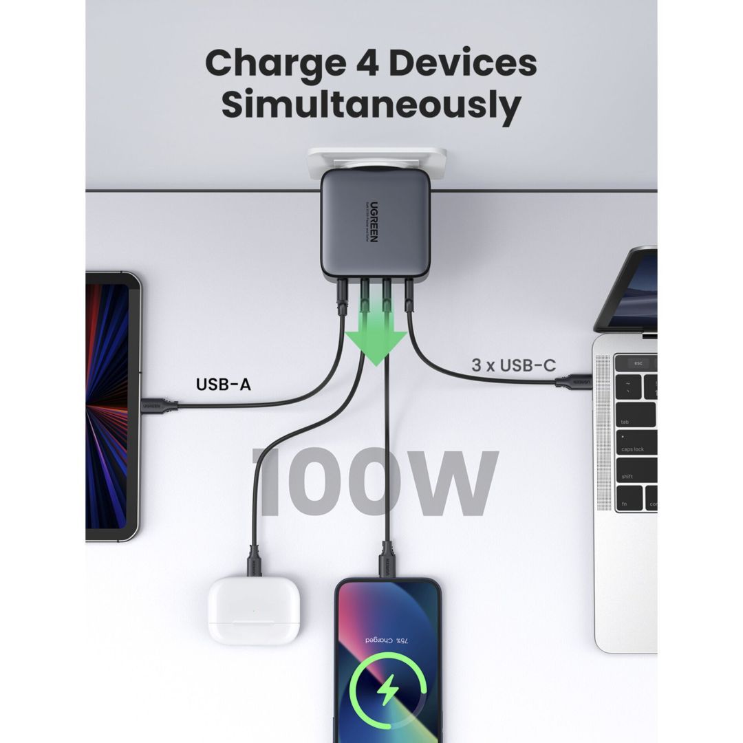 UGREEN USB-A+3xUSB-C 100W GaN Tech Fast Wall Charger EU Black UGREEN USB-A+3xUSB-C 100W GaN Tech Fast Wall Charger EU Black
