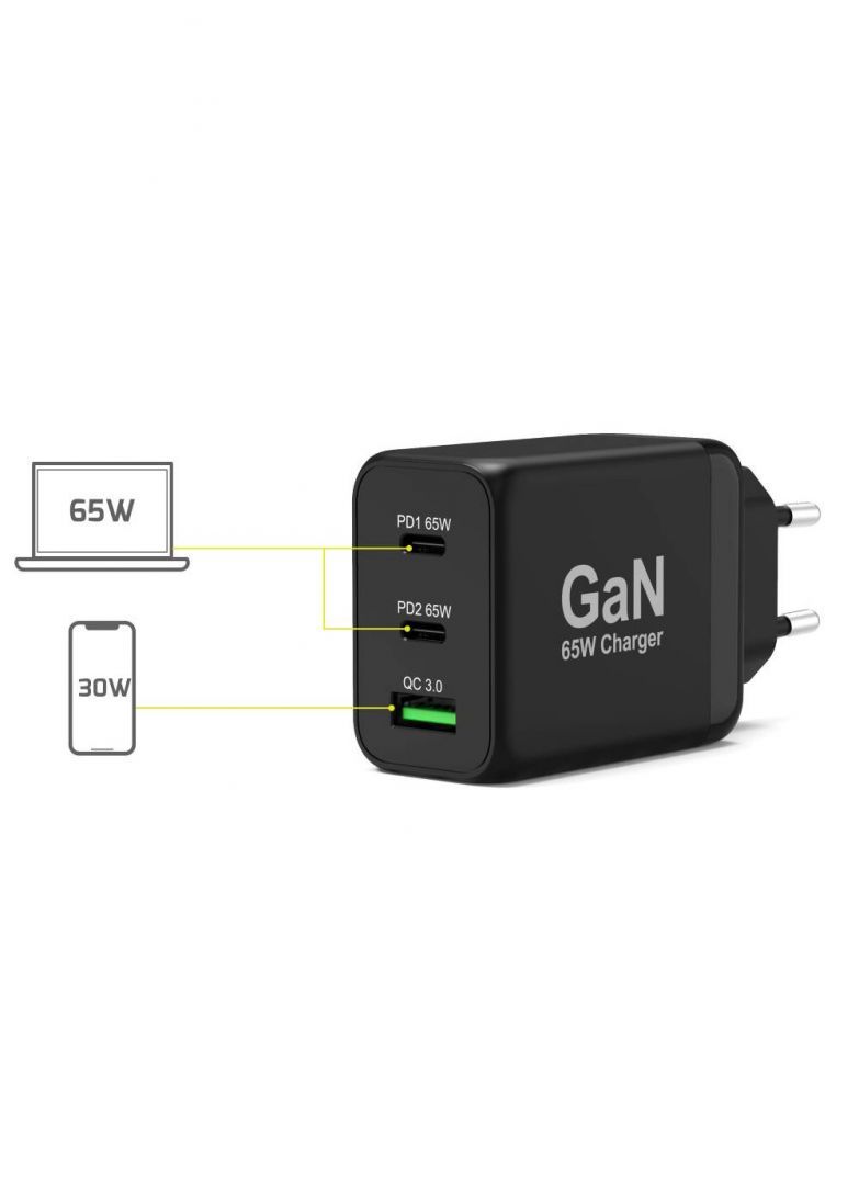 Port Designs 65W GaN Charger USB-C & USB-A Power Delivery Quick Charger Black Port Designs 65W GaN Charger USB-C & USB-A Power Delivery Quick Charger Black