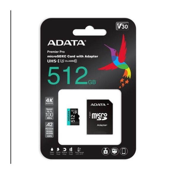 A-Data 512GB microSDXC Premier Pro Class 10 UHS-I U3 A2 V30 + adapterrel A-Data 512GB microSDXC Premier Pro Class 10 UHS-I U3 A2 V30 + adapterrel