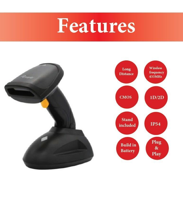 EQuip Wireless 2D Barcode Scanner Long Distance with Stand Vonalkódolvasó Black EQuip Wireless 2D Barcode Scanner Long Distance with Stand Vonalkódolvasó Black