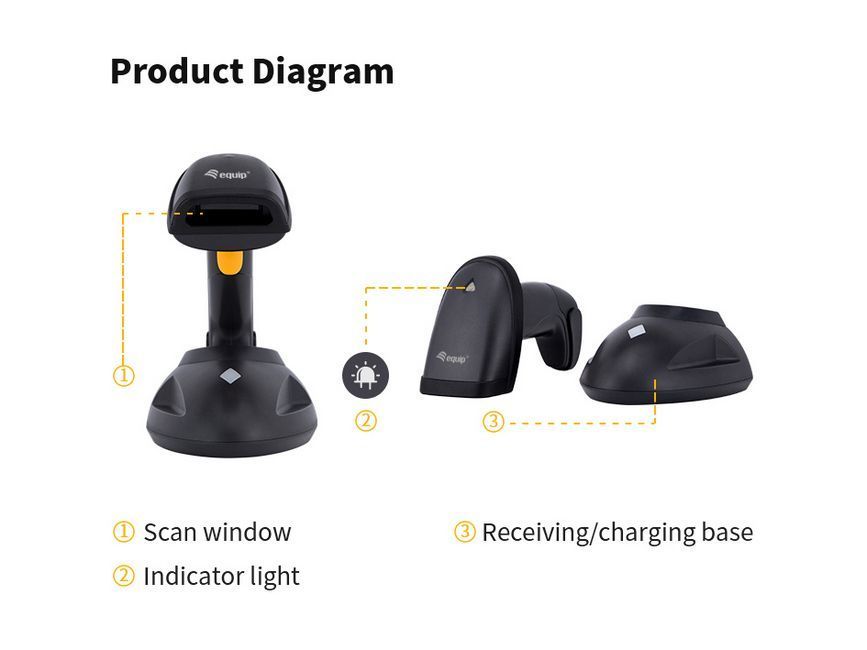 EQuip Wireless 2D Barcode Scanner Long Distance with Stand Vonalkódolvasó Black EQuip Wireless 2D Barcode Scanner Long Distance with Stand Vonalkódolvasó Black