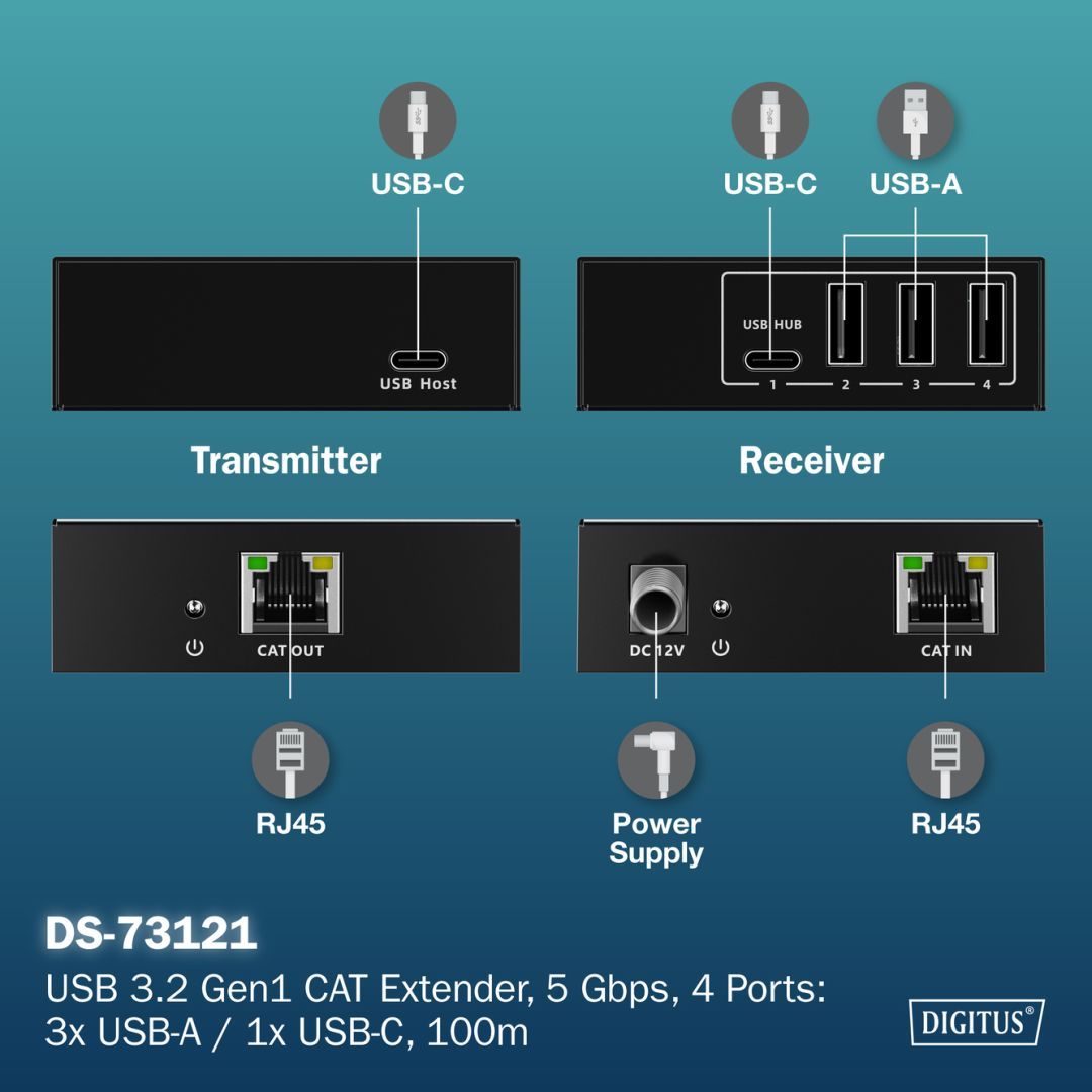 Digitus USB3.2 Gen1 CAT Extender 5Gbps 4ports: 3x USB-A / 1x USB-C 100m Digitus USB3.2 Gen1 CAT Extender 5Gbps 4ports: 3x USB-A / 1x USB-C 100m