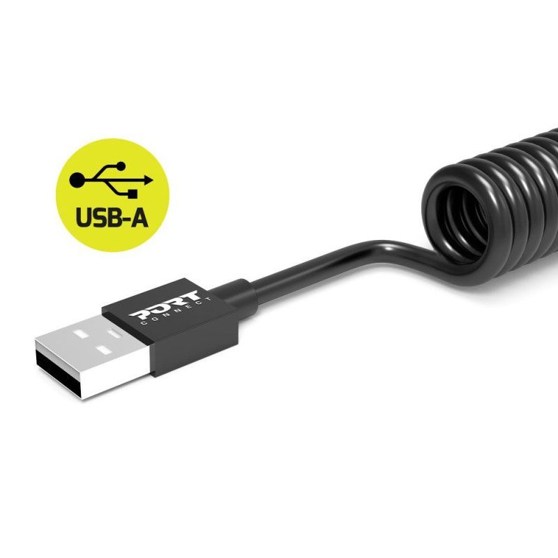 Port Designs 10 USB-C 90° Spring Spiral Cable - USB-A Black Port Designs 10 USB-C 90° Spring Spiral Cable - USB-A Black