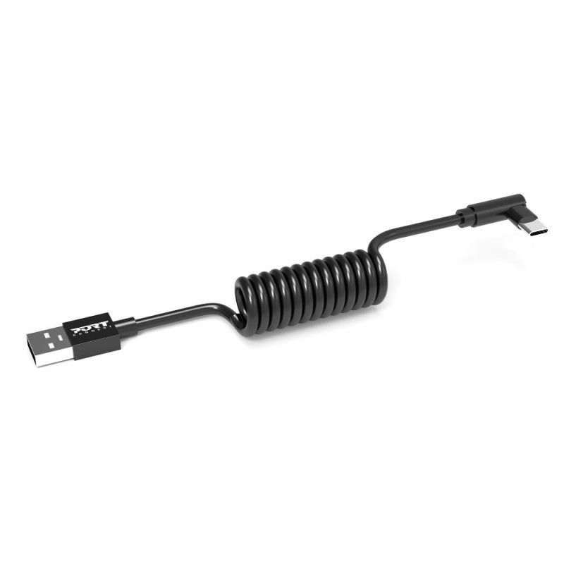Port Designs 10 USB-C 90° Spring Spiral Cable - USB-A Black Port Designs 10 USB-C 90° Spring Spiral Cable - USB-A Black