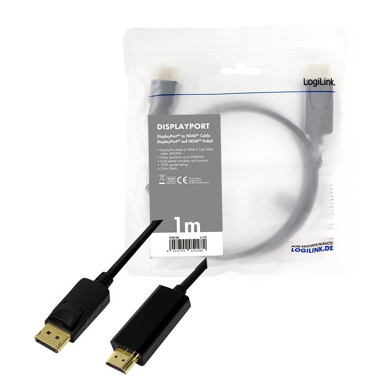 Logilink DisplayPort cable DP/M to HDMI-A/M 4K/30 Hz 1m Black Logilink DisplayPort cable DP/M to HDMI-A/M 4K/30 Hz 1m Black