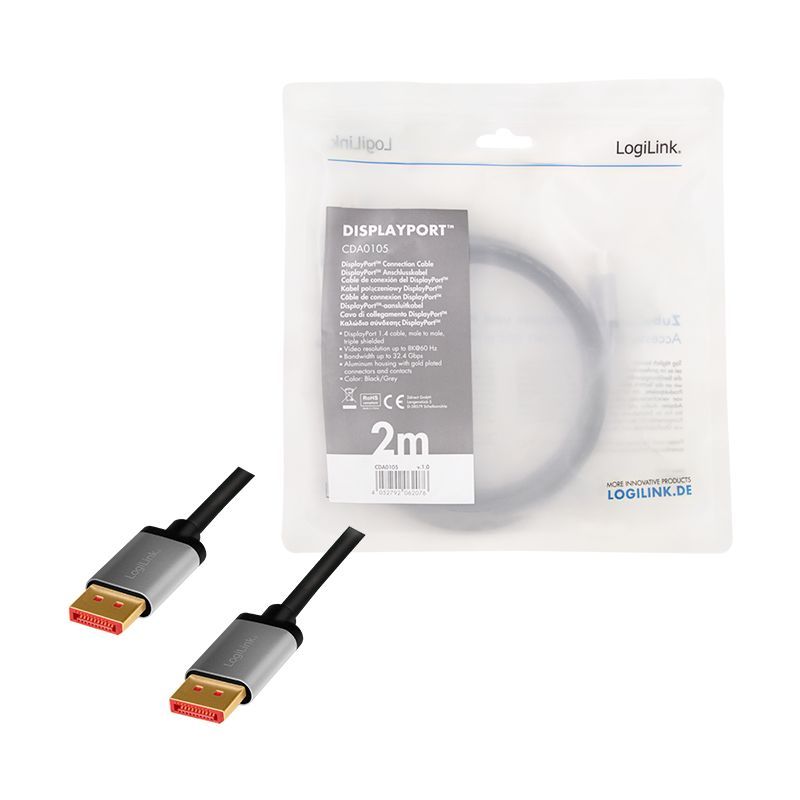 Logilink DisplayPort cable DP/M to DP/M 8K/60Hz alu 2m Black/Grey Logilink DisplayPort cable DP/M to DP/M 8K/60Hz alu 2m Black/Grey