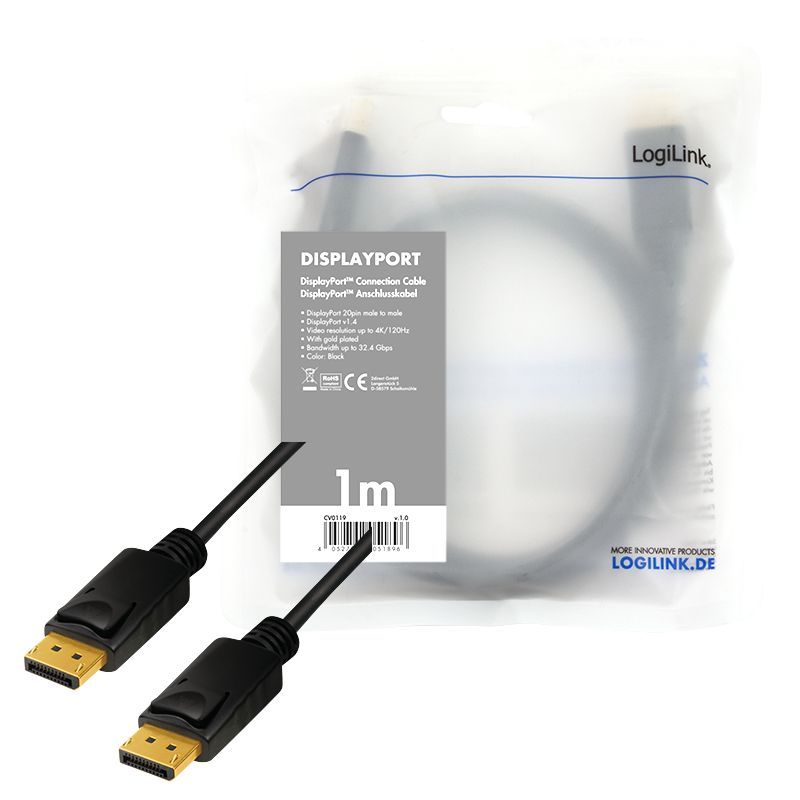 Logilink DisplayPort cable DP/M to DP/M 8K/60 Hz 1m Black Logilink DisplayPort cable DP/M to DP/M 8K/60 Hz 1m Black