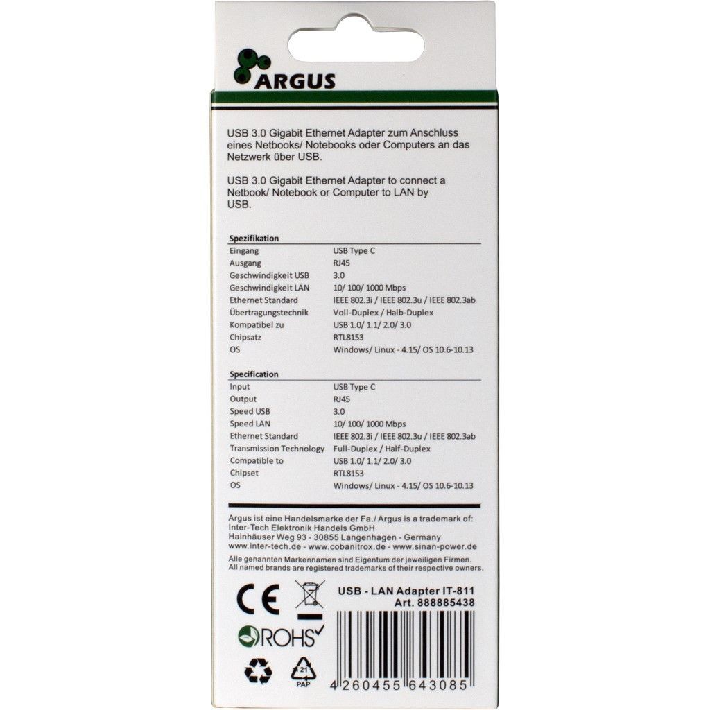 Inter-Tech Argus IT-811 USB-C Gigabit Ethernet Adapter Black Inter-Tech Argus IT-811 USB-C Gigabit Ethernet Adapter Black