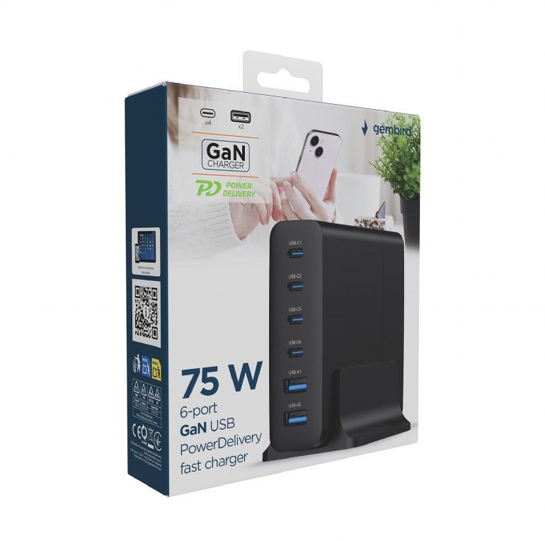 Gembird 6-port 75W GaN USB fast charger Black Gembird 6-port 75W GaN USB fast charger Black
