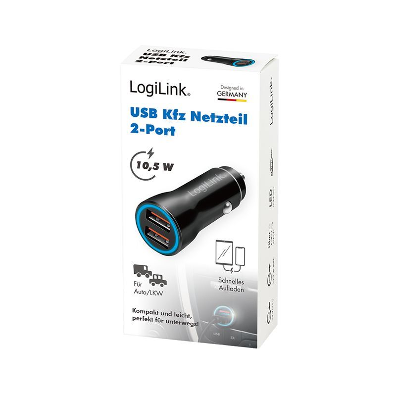 Logilink USB car charger 2x USB-A 10,5W Black