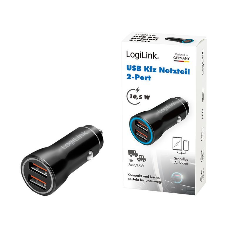 Logilink USB car charger 2x USB-A 10,5W Black