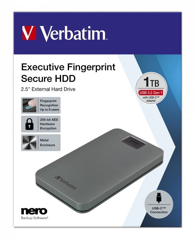Verbatim 1TB 2,5" Executive Fingerprint Secure USB3.2 Grey Verbatim 1TB 2,5" Executive Fingerprint Secure USB3.2 Grey
