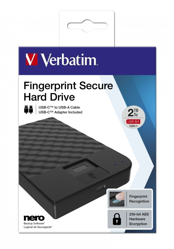 Verbatim 2TB 2,5" USB3.1 Fingerprint Secure Portable Hard Drive Black Verbatim 2TB 2,5" USB3.1 Fingerprint Secure Portable Hard Drive Black