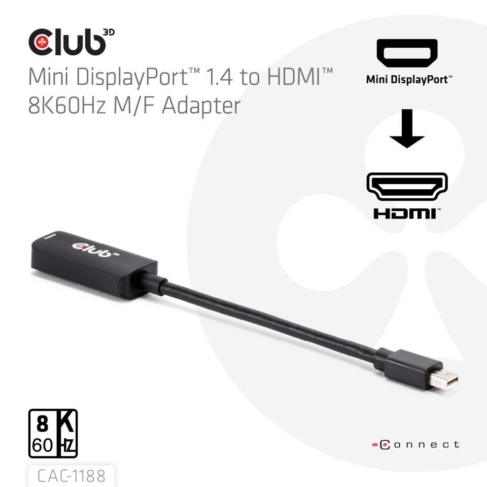 Club3D Mini DisplayPort 1.4 to HDMI 8K60Hz M/F Adapter Black Club3D Mini DisplayPort 1.4 to HDMI 8K60Hz M/F Adapter Black