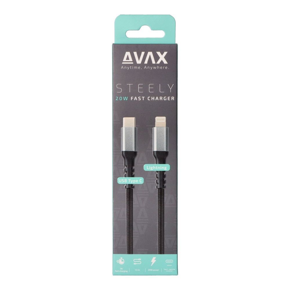 Avax CB402G STEELY 20W Type-C-Lightning 1,5m Black Avax CB402G STEELY 20W Type-C-Lightning 1,5m Black