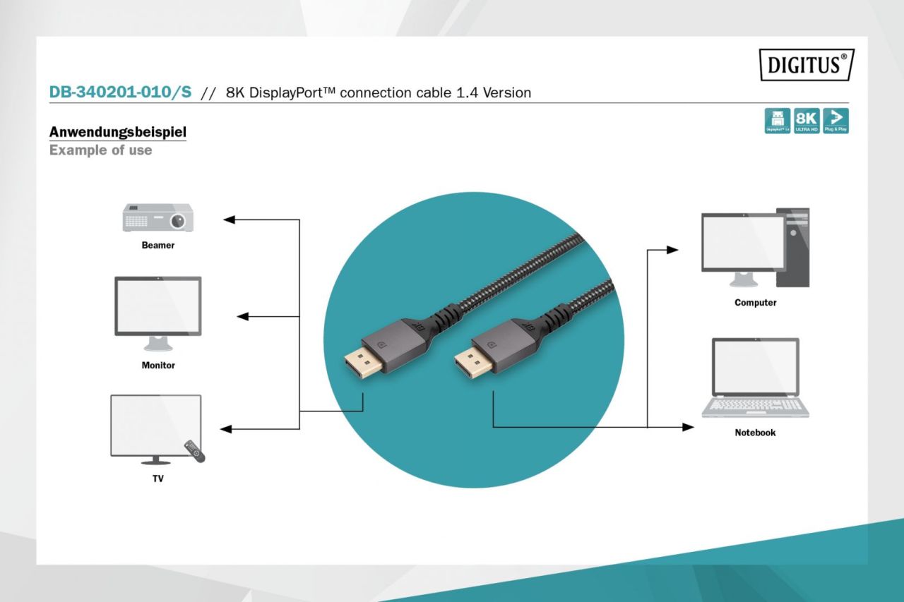Digitus DB-340201-010-S 8K DisplayPort Connection Cable Version 1.4 Digitus DB-340201-010-S 8K DisplayPort Connection Cable Version 1.4