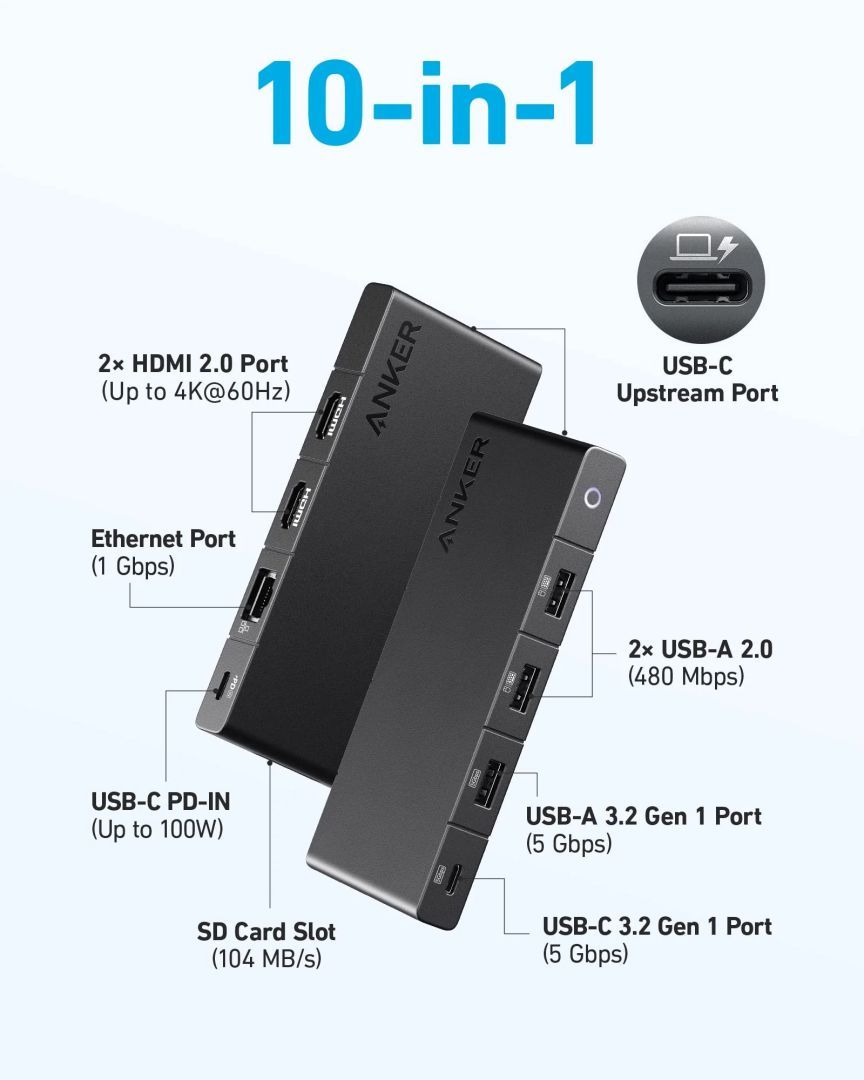 ANKER 364 USB-C Hub (10-in-1, Dual 4K HDMI) Black ANKER 364 USB-C Hub (10-in-1, Dual 4K HDMI) Black