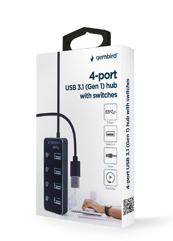 Gembird UHB-U3P4P-01 USB 3.1 (Gen 1) powered 4-port hub with switches Black Gembird UHB-U3P4P-01 USB 3.1 (Gen 1) powered 4-port hub with switches Black