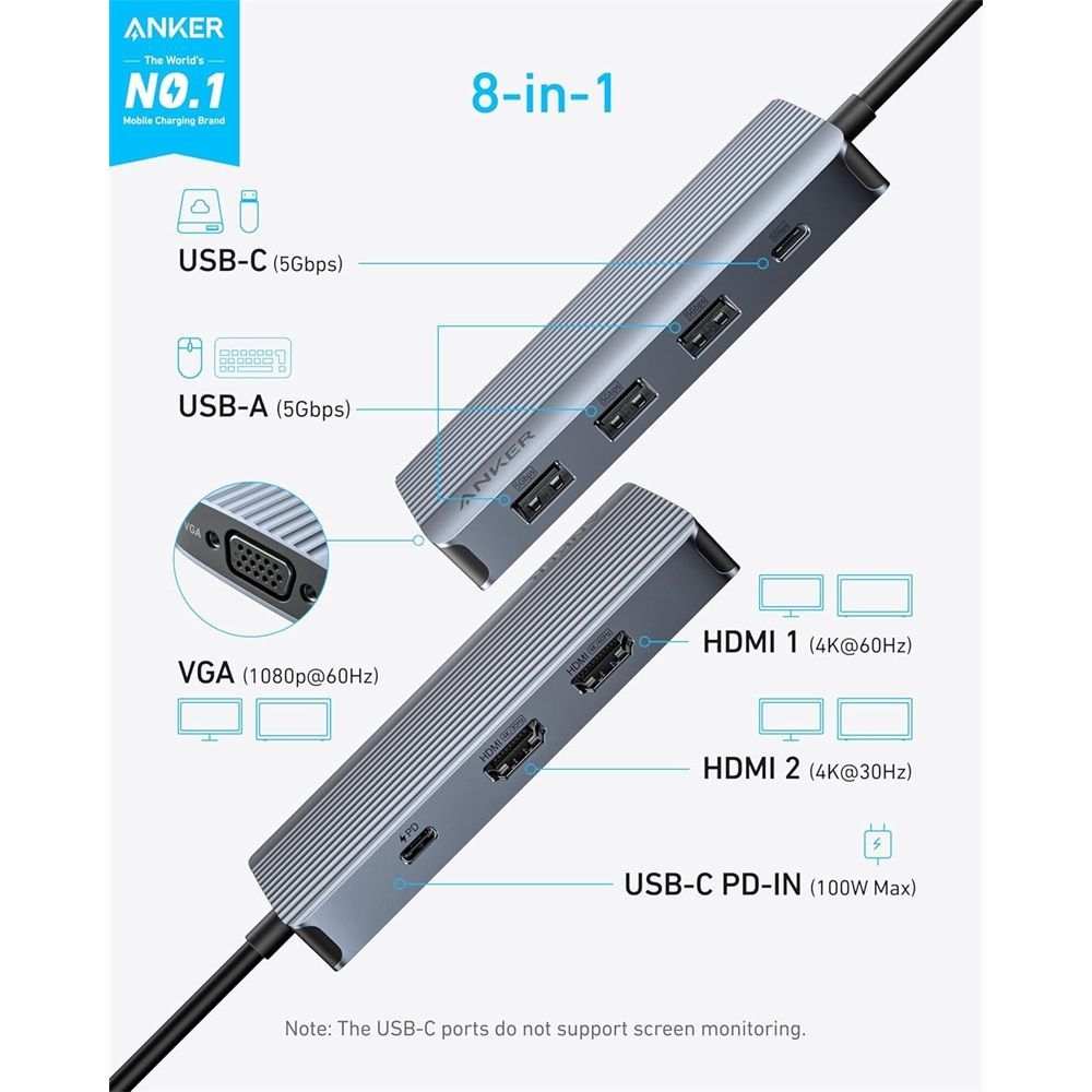 ANKER A83790A1 8-in-1 Hub Grey