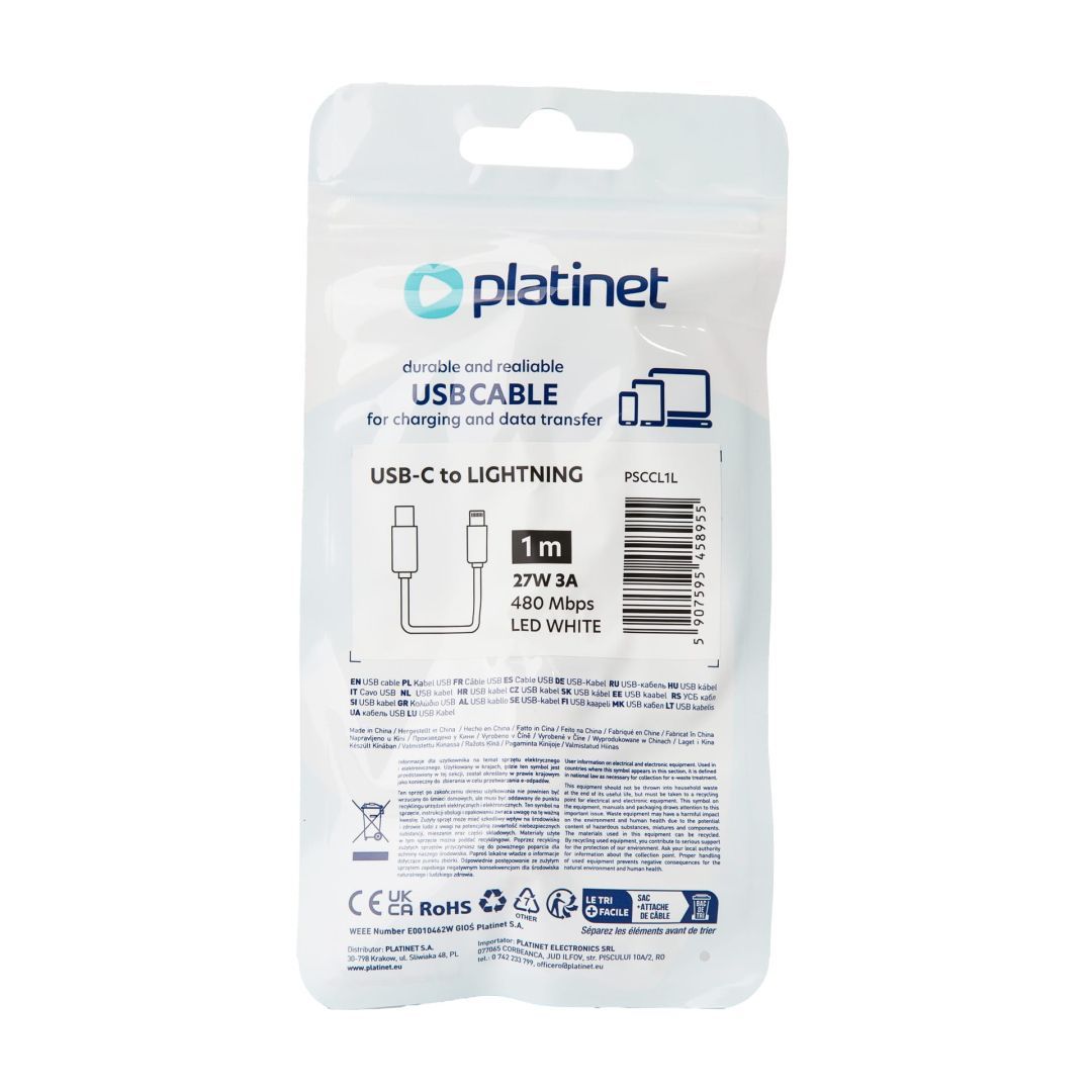 Platinet USB-C to Lightning 27W LED Cable 1m White Platinet USB-C to Lightning 27W LED Cable 1m White
