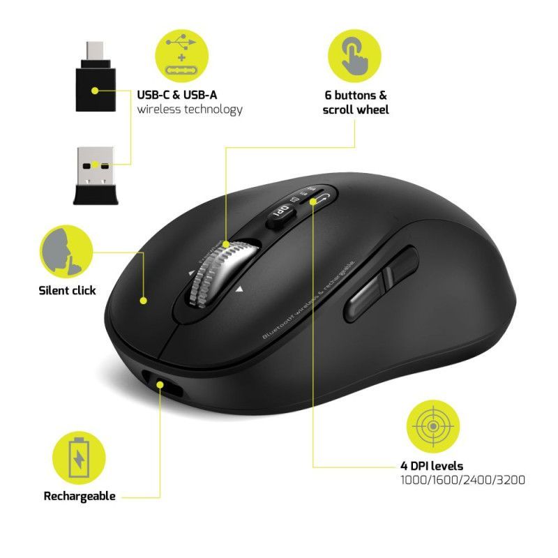 Port Designs 900707CW Wireless Rechargeable Bluetooth Expert Mouse Black