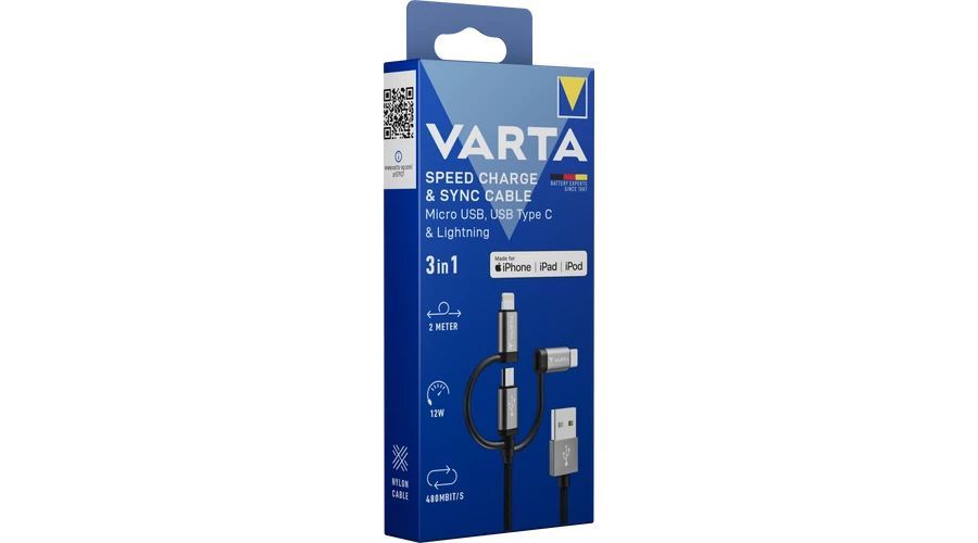 Varta USB-A to Micro-USB/USB-C/Lightning 3in1 cable 2m Black Varta USB-A to Micro-USB/USB-C/Lightning 3in1 cable 2m Black