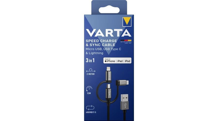 Varta USB-A to Micro-USB/USB-C/Lightning 3in1 cable 2m Black Varta USB-A to Micro-USB/USB-C/Lightning 3in1 cable 2m Black