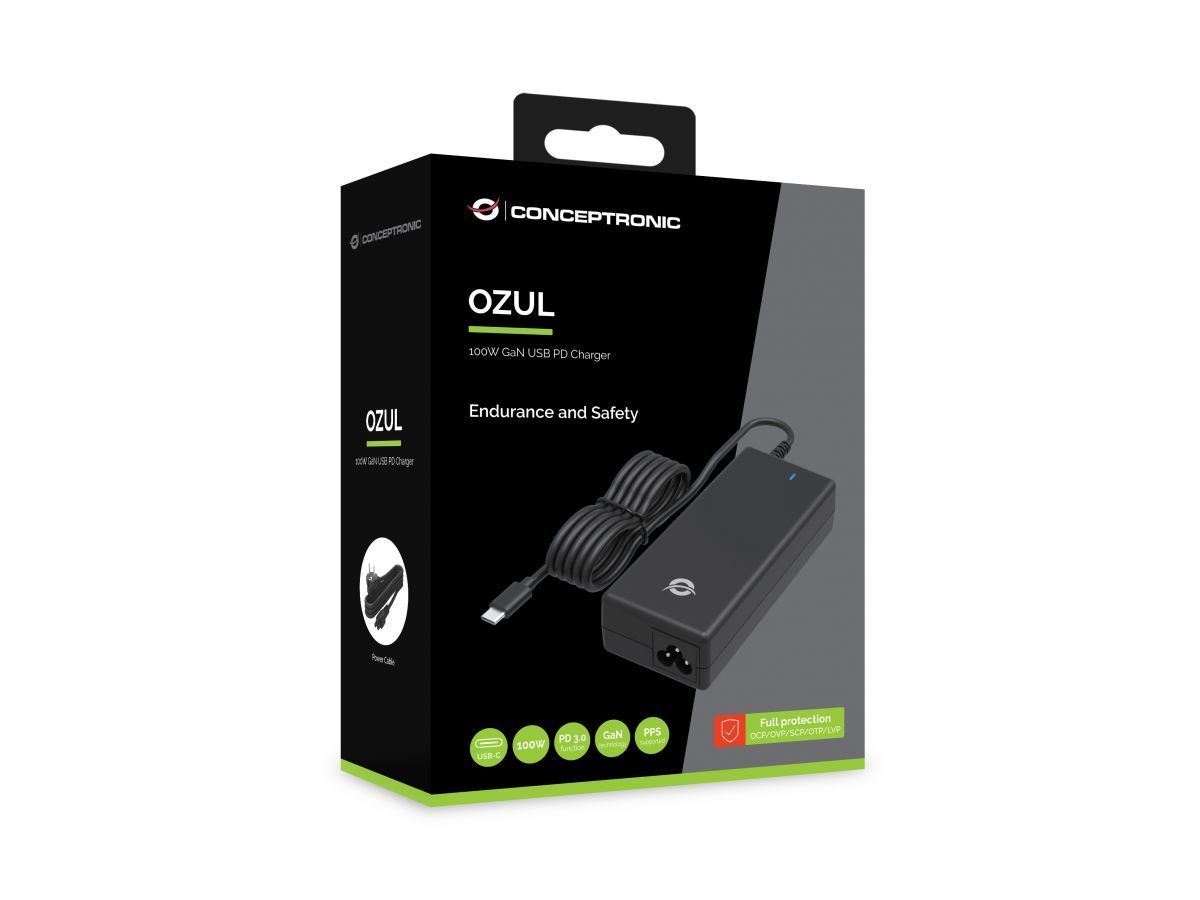 Conceptronic OZUL03BE 100W GaN Desktop USB PD Charger with AC power cable Black Conceptronic OZUL03BE 100W GaN Desktop USB PD Charger with AC power cable Black