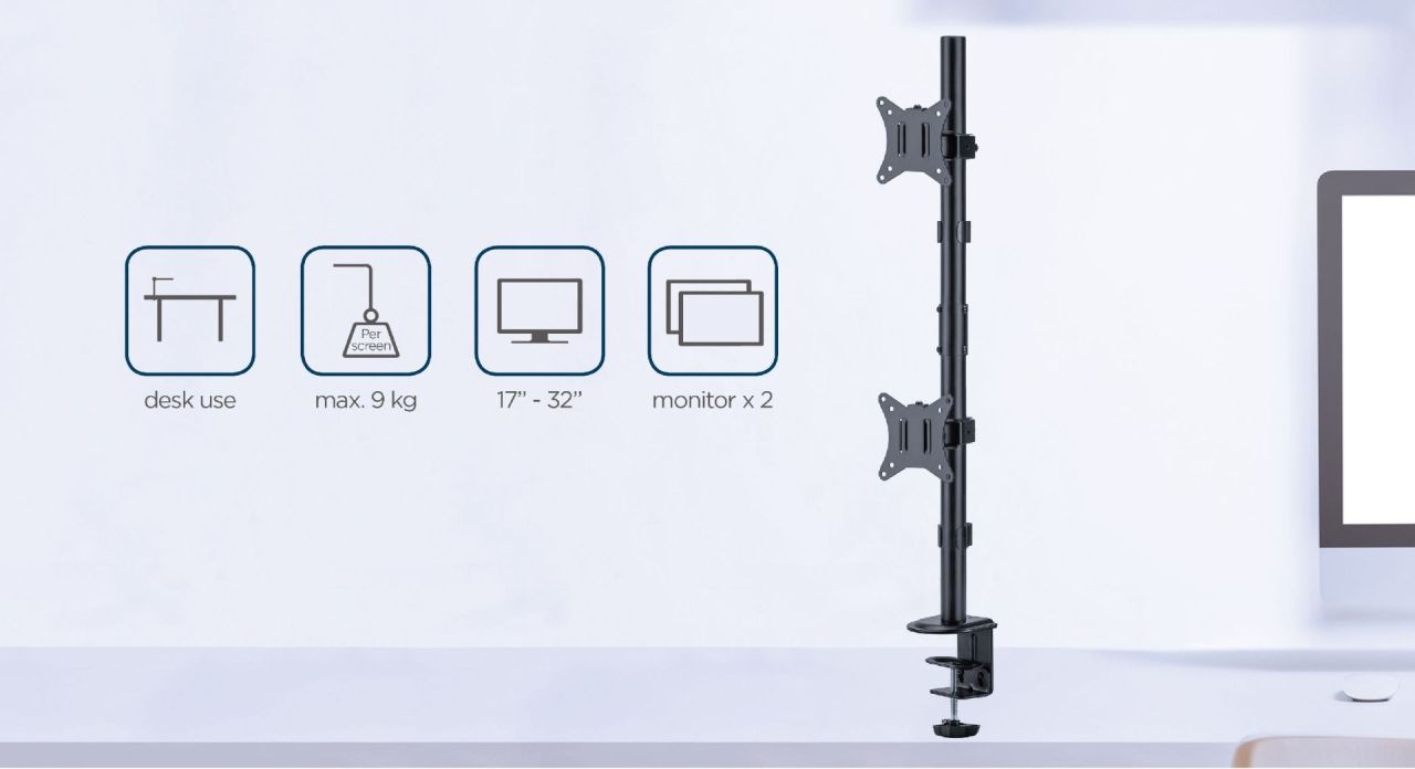 Gembird MA-D2-02 Adjustable 2-display vertical desk mount 17”-32” Black Gembird MA-D2-02 Adjustable 2-display vertical desk mount 17”-32” Black