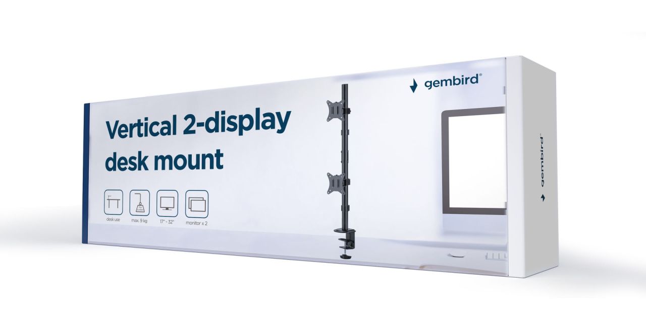 Gembird MA-D2-02 Adjustable 2-display vertical desk mount 17”-32” Black Gembird MA-D2-02 Adjustable 2-display vertical desk mount 17”-32” Black
