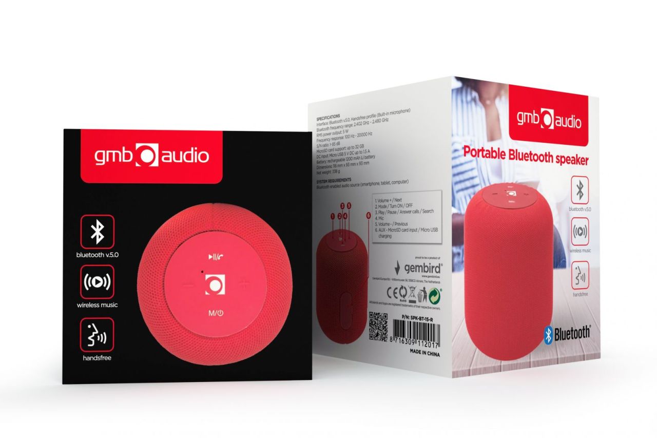 Gembird SPK-BT-15-R Portable Bluetooth Speaker Red Gembird SPK-BT-15-R Portable Bluetooth Speaker Red