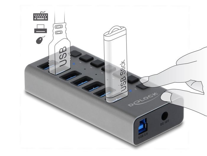 DeLock External USB 5 Gbps HUB with 7 Ports + Switch Grey DeLock External USB 5 Gbps HUB with 7 Ports + Switch Grey
